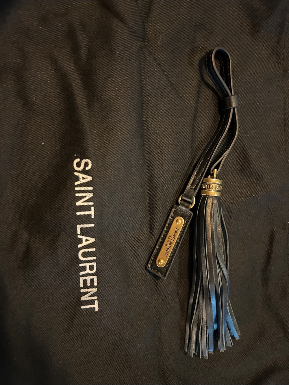 Saint Laurent Black Leather Tassel Charm with Gold Hardware